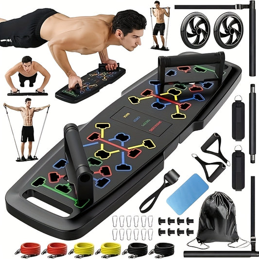 20-in-1 Portable Foldable Pushboard Fitness System - ABS Black Home Gym Equipment with Resistance Bands, Dumbbells & Pull-Up Bars for Strength Training, Core Workouts - Unisex for Men & Women